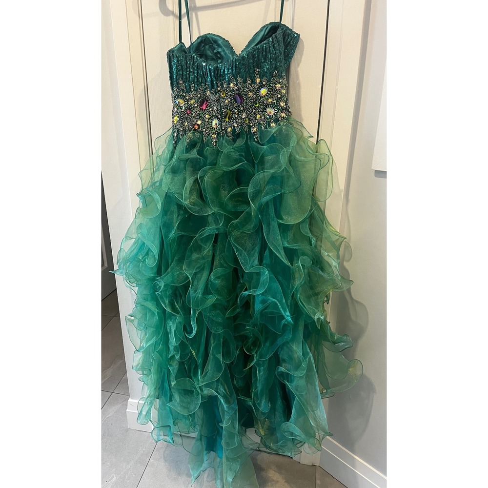 Emerald Green High Low Dress Sequin Crystal Embellished Ruffle Gown Strapless SM - Picture 8 of 17